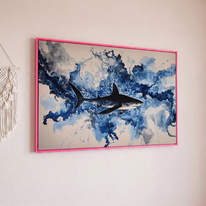 Great White Shark Watercolor Canvas Art, Ocean Wildlife Print in pink floating frame