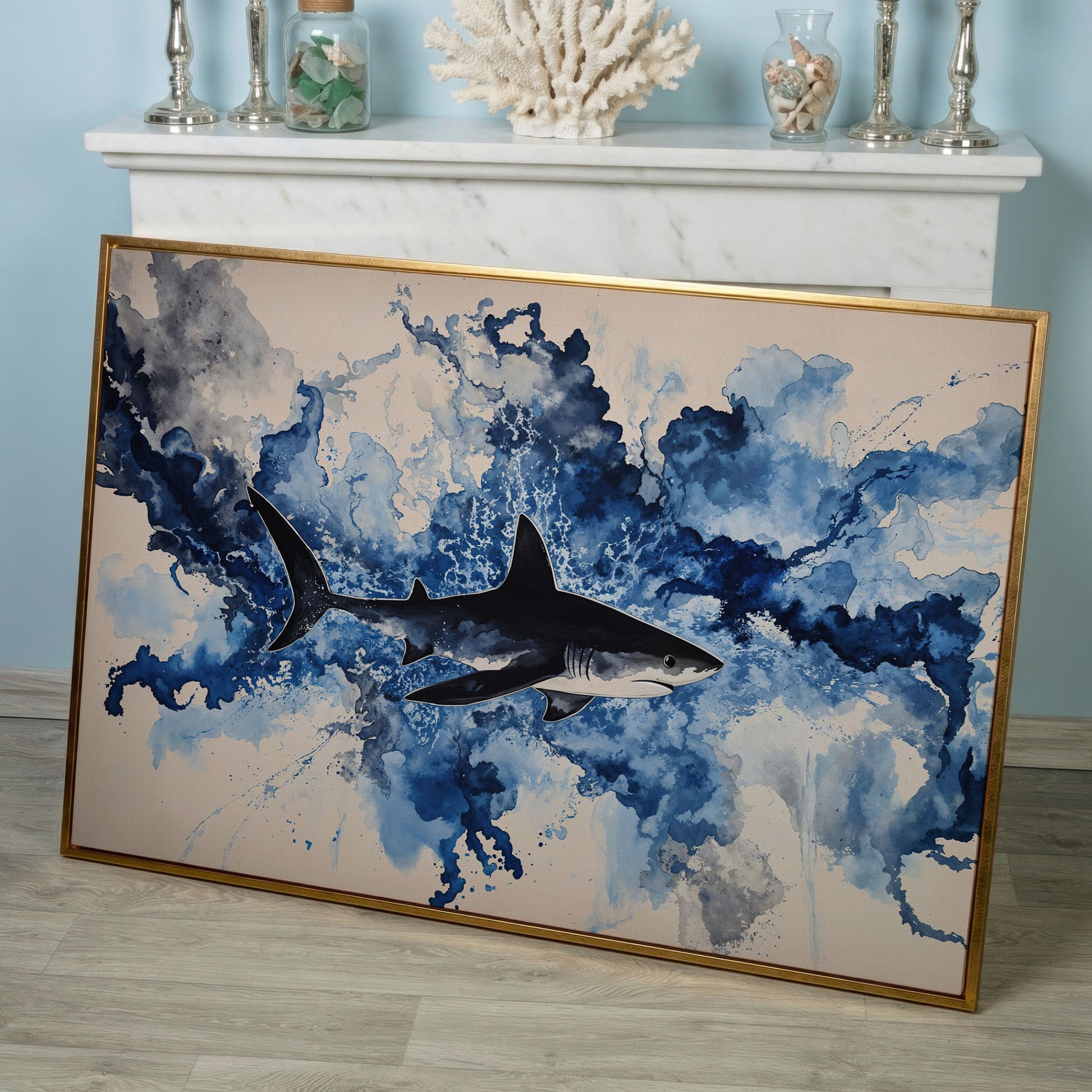 Great White Shark Watercolor Canvas Art, Ocean Wildlife Print in rose gold floating frame