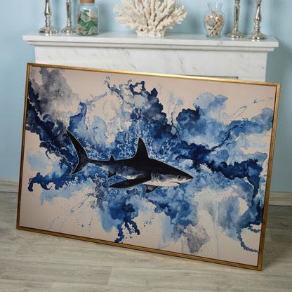 Great White Shark Watercolor Canvas Art, Ocean Wildlife Print in rose gold floating frame