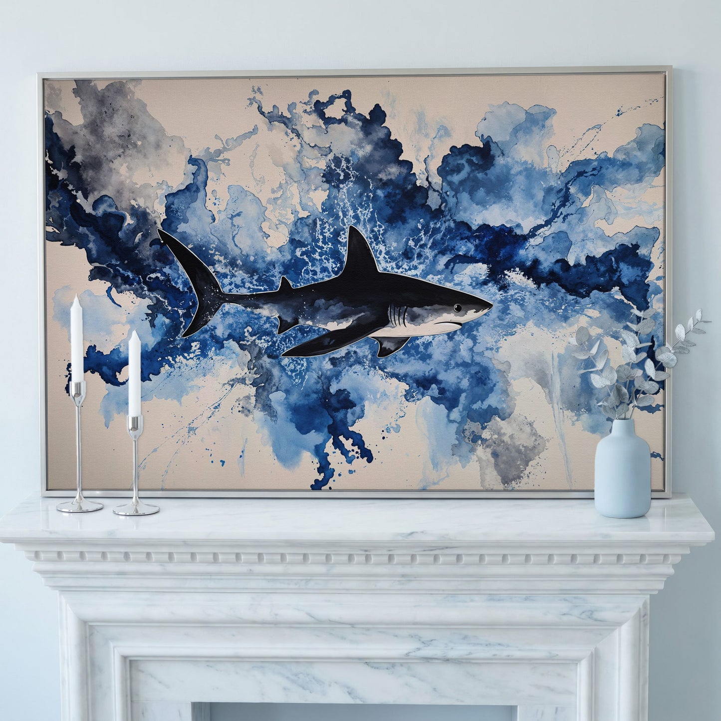 Great White Shark Watercolor Canvas Art, Ocean Wildlife Print in silver floating frame
