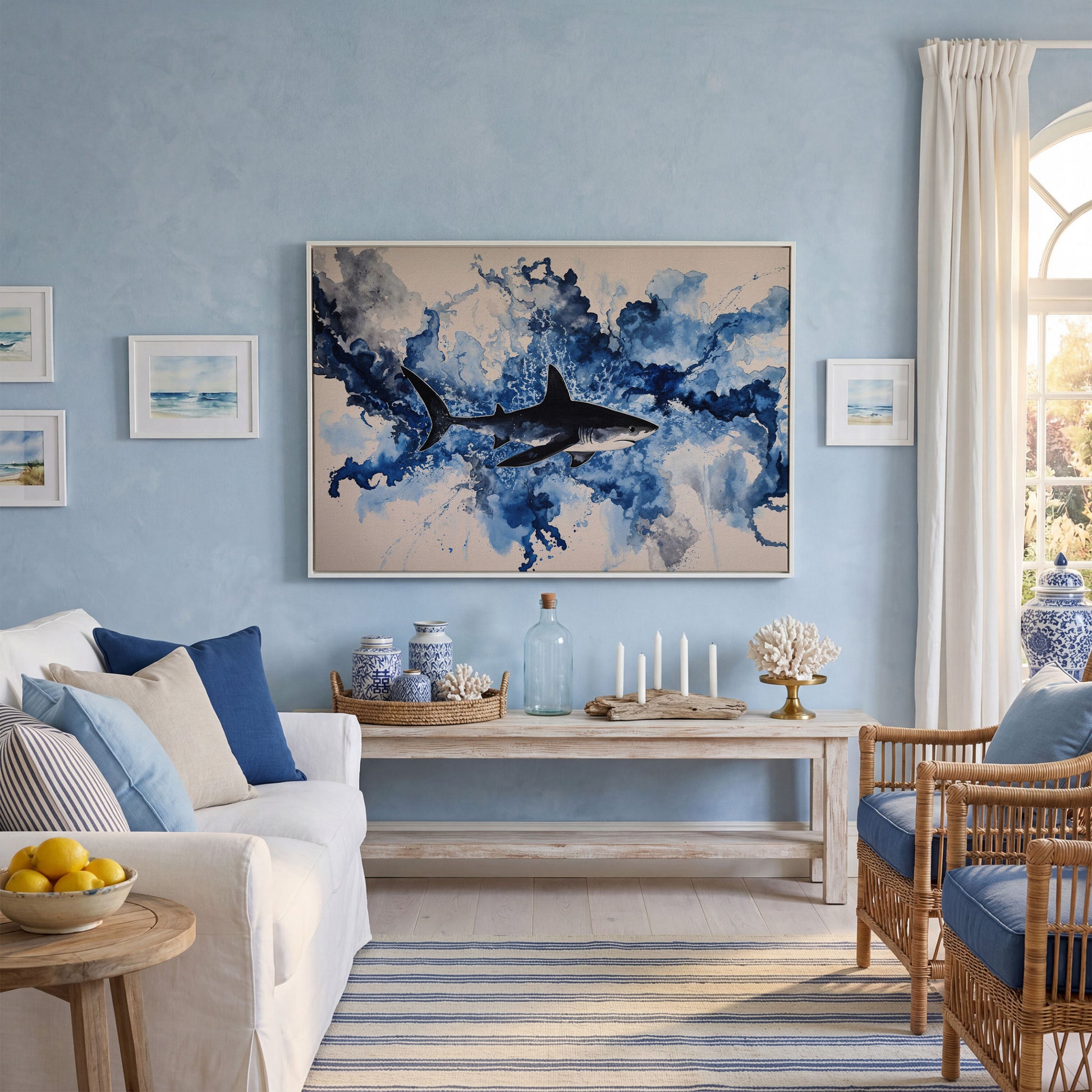 Great White Shark Watercolor Canvas Art, Ocean Wildlife Print in white floating frame