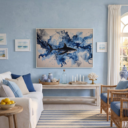 Great White Shark Watercolor Canvas Art, Ocean Wildlife Print in white floating frame