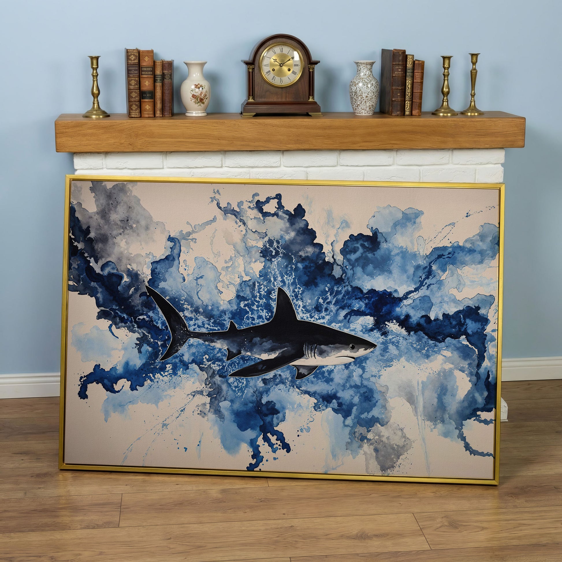 Great White Shark Watercolor Canvas Art, Ocean Wildlife Print in yellow gold floating frame