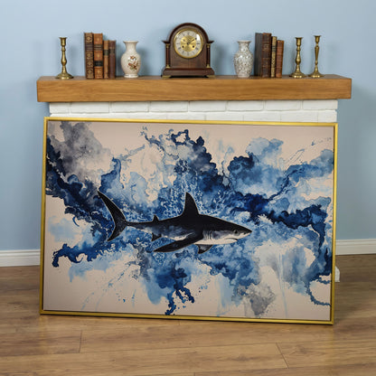 Great White Shark Watercolor Canvas Art, Ocean Wildlife Print in yellow gold floating frame