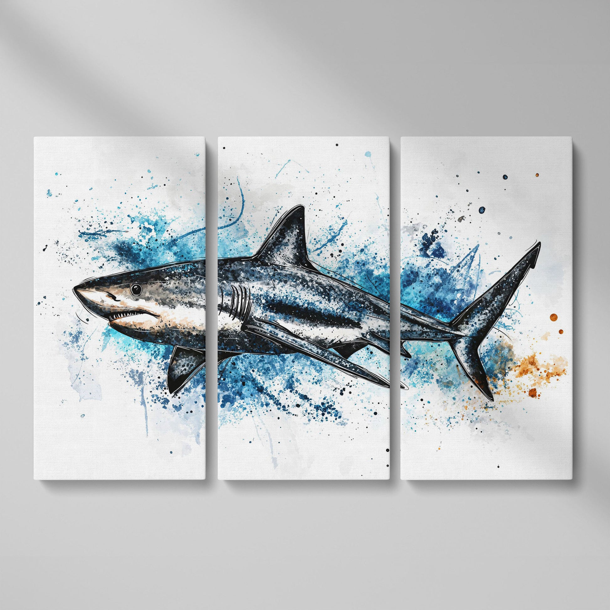 Shark in Motion Canvas Wall Art, Ocean Illustration Print as 3-panel split version