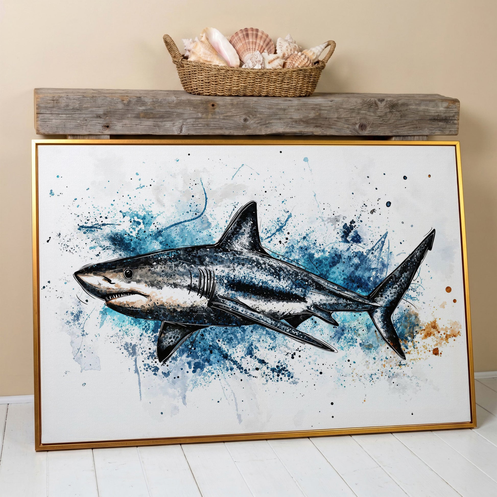 Shark in Motion Canvas Wall Art, Ocean Illustration Print in antique gold floating frame