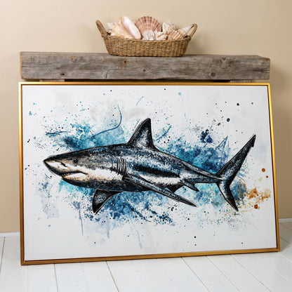 Shark in Motion Canvas Wall Art, Ocean Illustration Print in antique gold floating frame