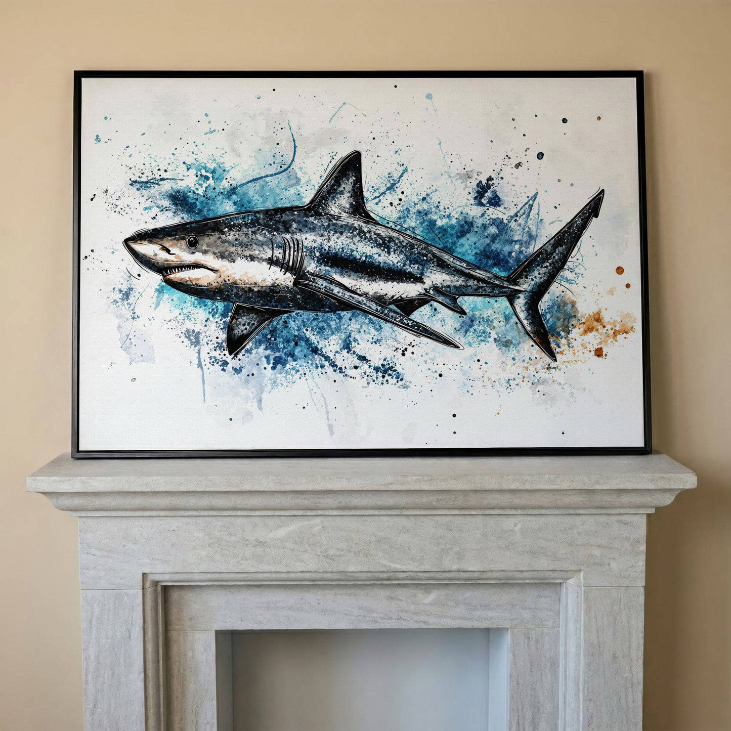 Shark in Motion Canvas Wall Art, Ocean Illustration Print in black floating frame
