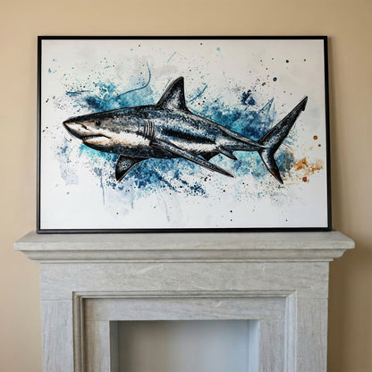 Shark in Motion Canvas Wall Art, Ocean Illustration Print in black floating frame