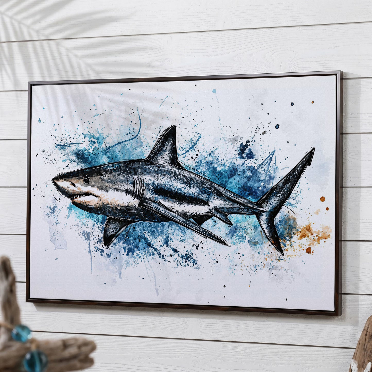 Shark in Motion Canvas Wall Art, Ocean Illustration Print in dark walnut floating frame