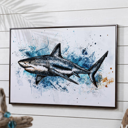 Shark in Motion Canvas Wall Art, Ocean Illustration Print in dark walnut floating frame