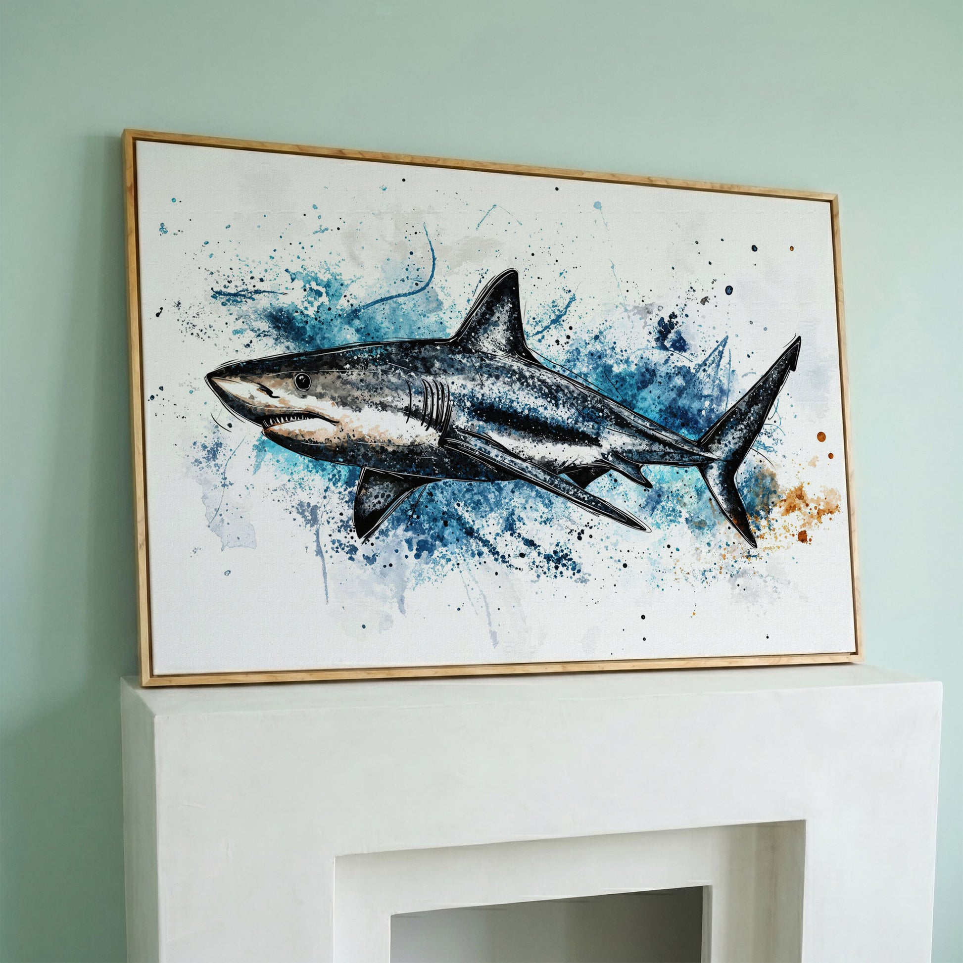 Shark in Motion Canvas Wall Art, Ocean Illustration Print in white oak floating frame