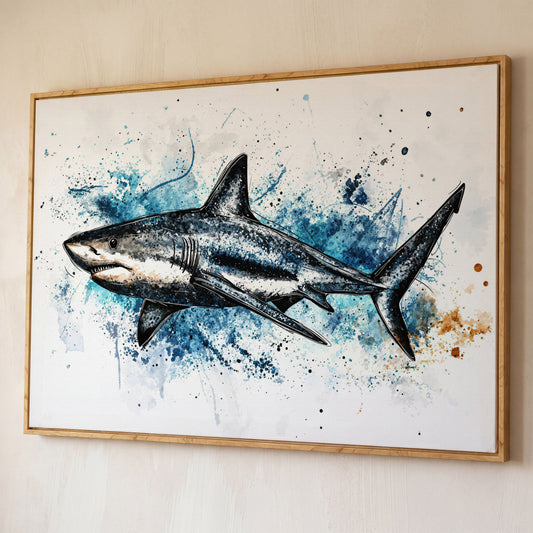 Shark in Motion Canvas Wall Art, Ocean Illustration Print shown in white oak floating frame