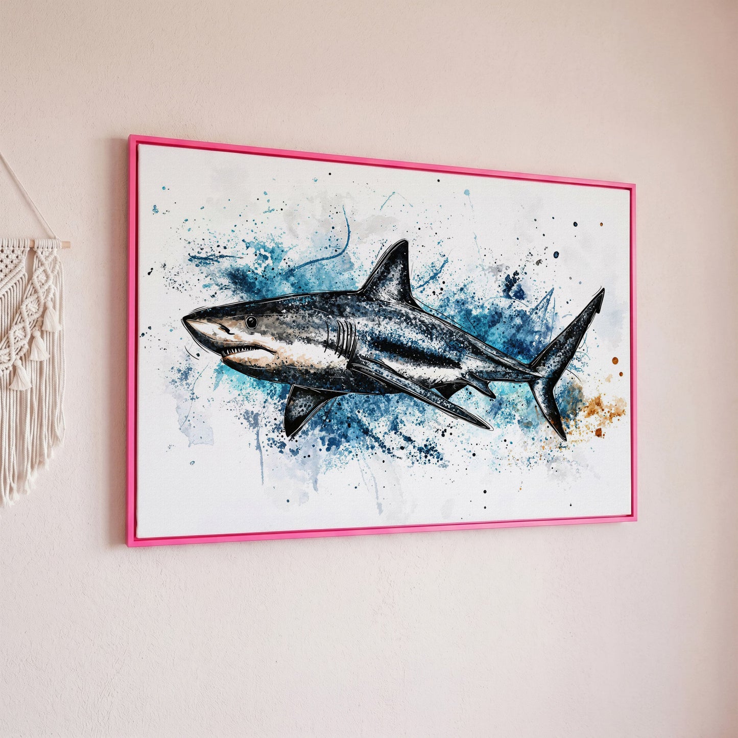 Shark in Motion Canvas Wall Art, Ocean Illustration Print in pink floating frame