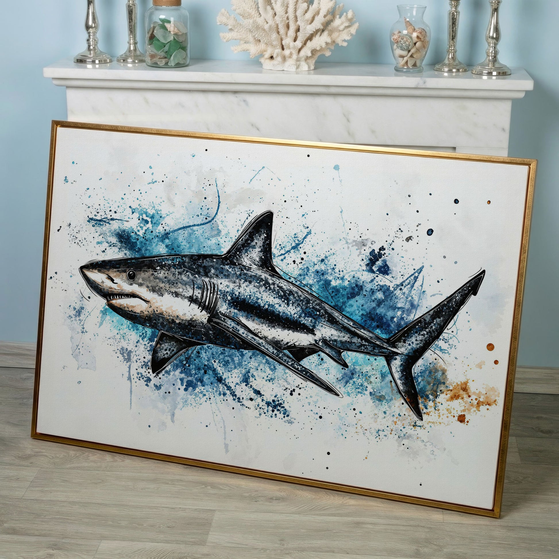 Shark in Motion Canvas Wall Art, Ocean Illustration Print in rose gold floating frame