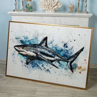 Shark in Motion Canvas Wall Art, Ocean Illustration Print in rose gold floating frame