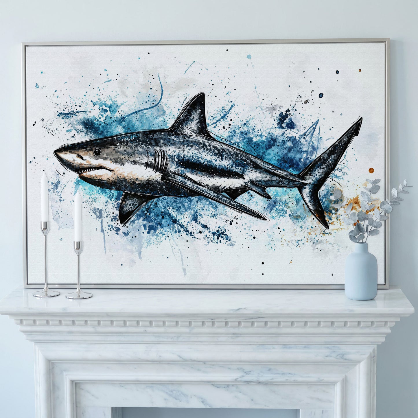 Shark in Motion Canvas Wall Art, Ocean Illustration Print in silver floating frame