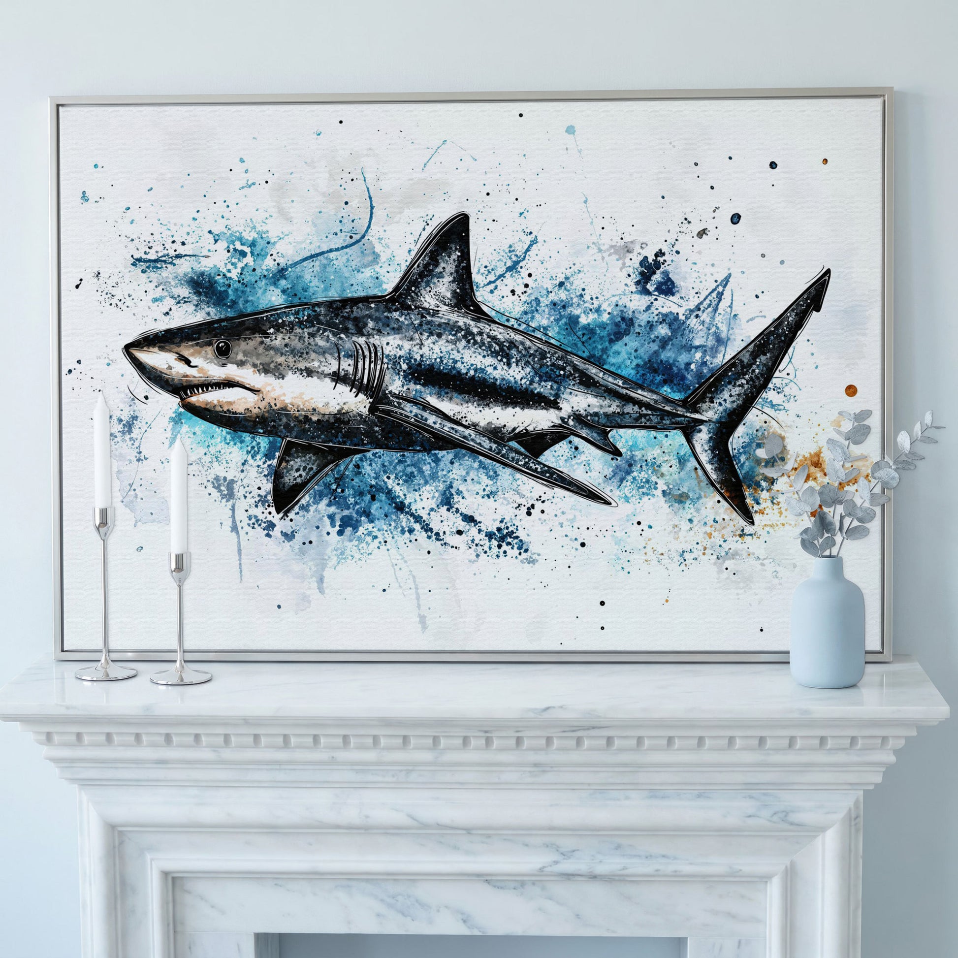 Shark in Motion Canvas Wall Art, Ocean Illustration Print in silver floating frame