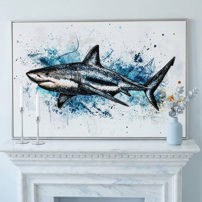 Shark in Motion Canvas Wall Art, Ocean Illustration Print in silver floating frame