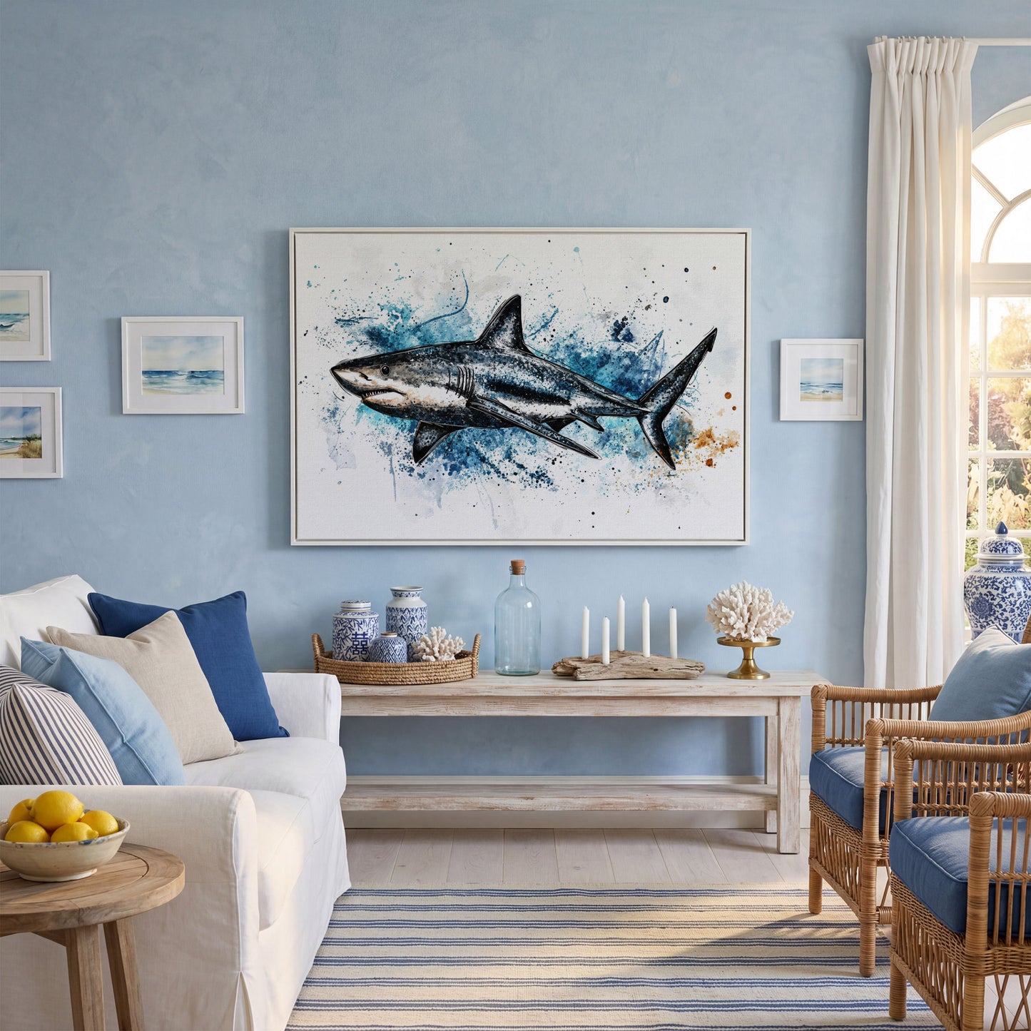 Shark in Motion Canvas Wall Art, Ocean Illustration Print in white floating frame