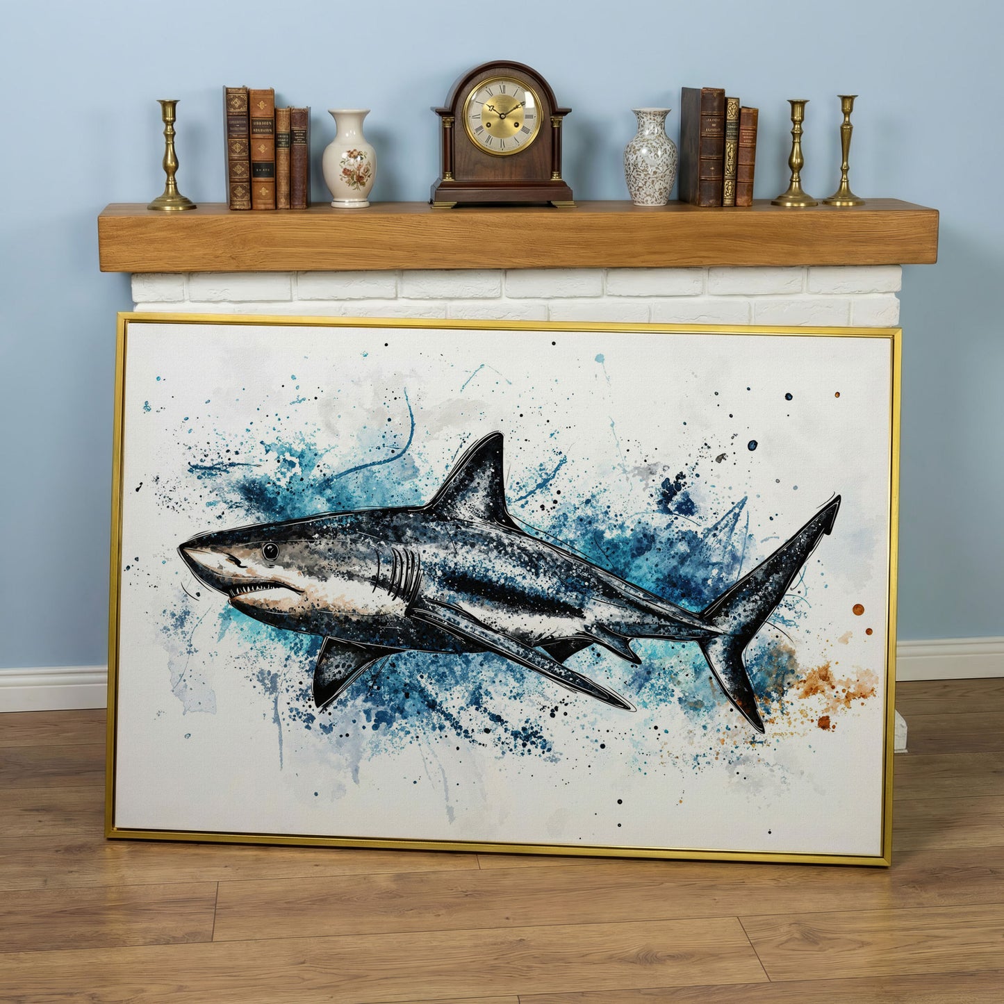 Shark in Motion Canvas Wall Art, Ocean Illustration Print in yellow gold floating frame