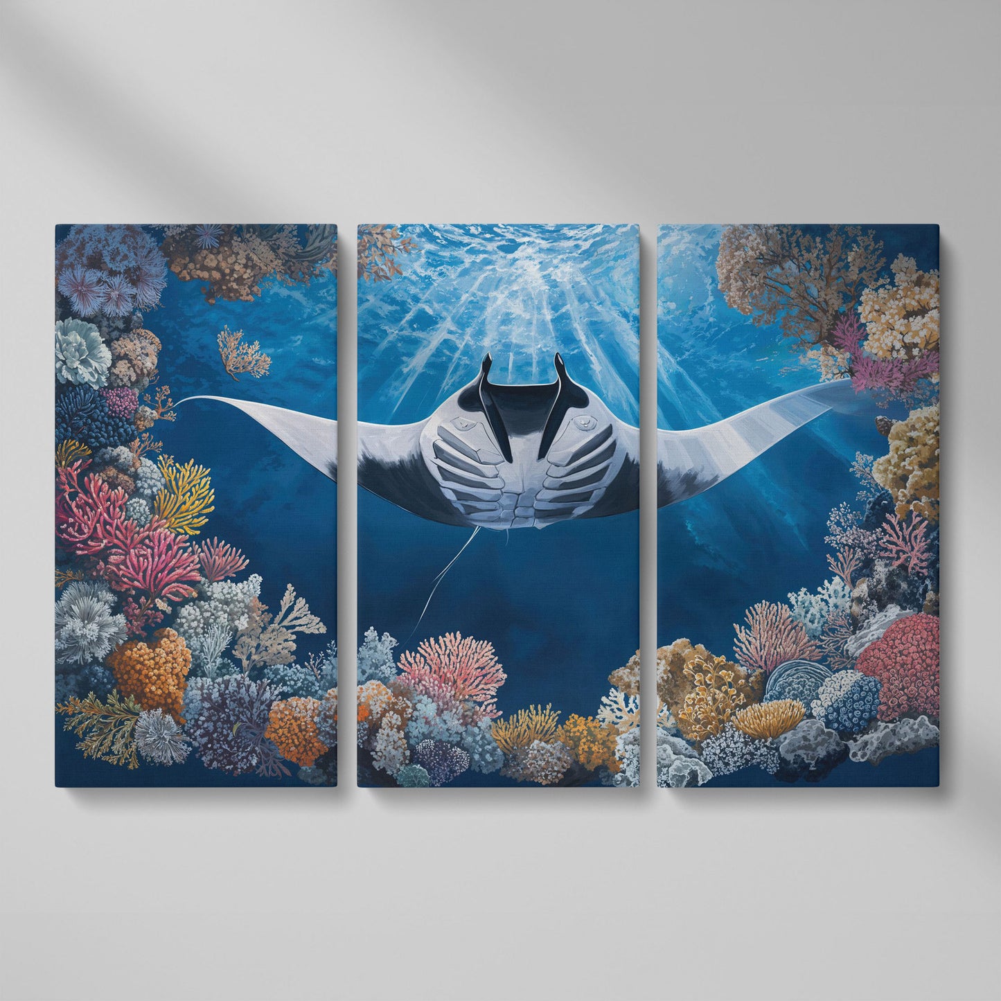 Stingray Over Coral Reef Canvas Wall Art, Sunlit Ocean Scene as 3-panel split version