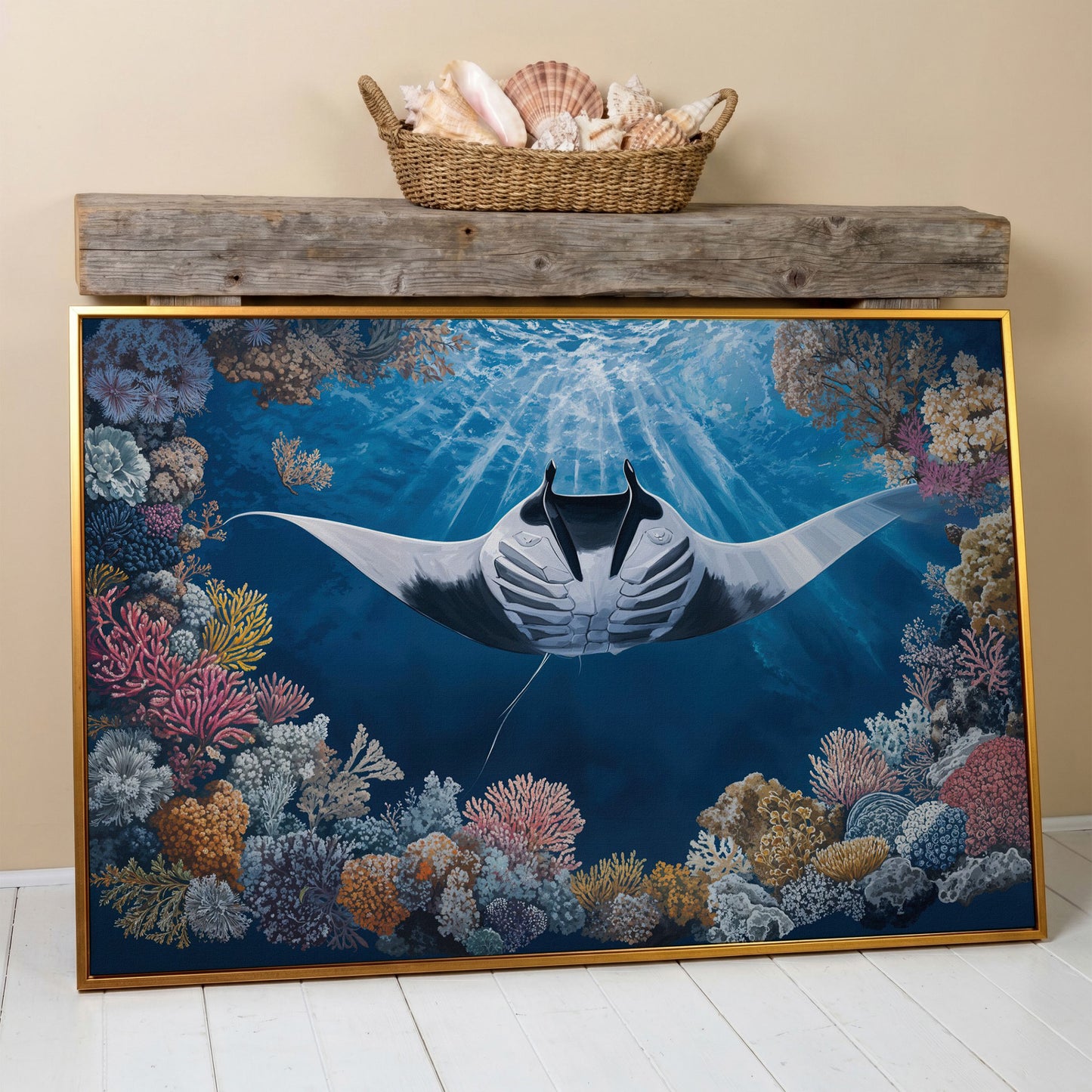 Stingray Over Coral Reef Canvas Wall Art, Sunlit Ocean Scene in antique gold floating frame