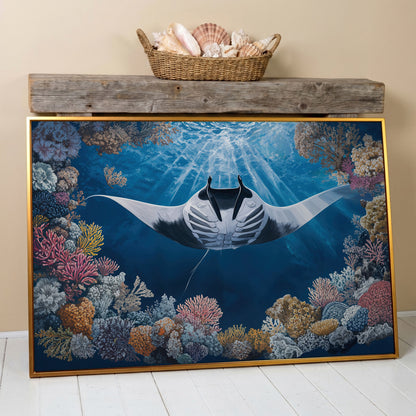 Stingray Over Coral Reef Canvas Wall Art, Sunlit Ocean Scene in antique gold floating frame