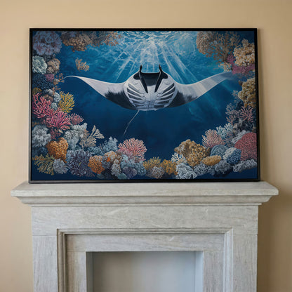 Stingray Over Coral Reef Canvas Wall Art, Sunlit Ocean Scene in black floating frame