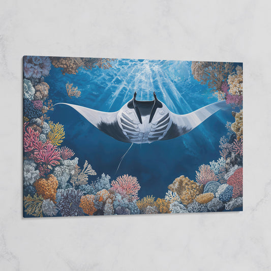 Stingray Over Coral Reef Canvas Wall Art, Sunlit Ocean Scene on gallery wrap