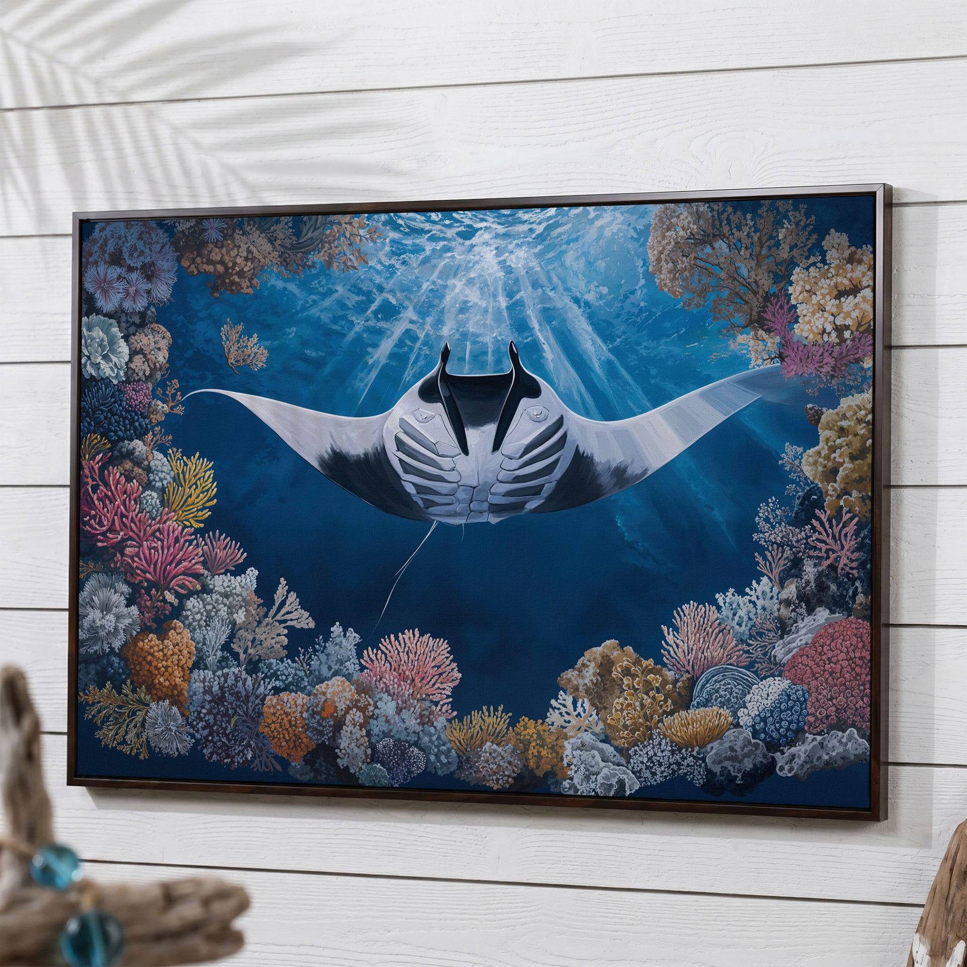 Stingray Over Coral Reef Canvas Wall Art, Sunlit Ocean Scene in dark walnut floating frame