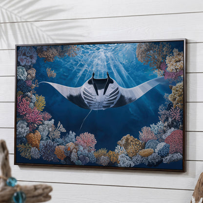 Stingray Over Coral Reef Canvas Wall Art, Sunlit Ocean Scene in dark walnut floating frame