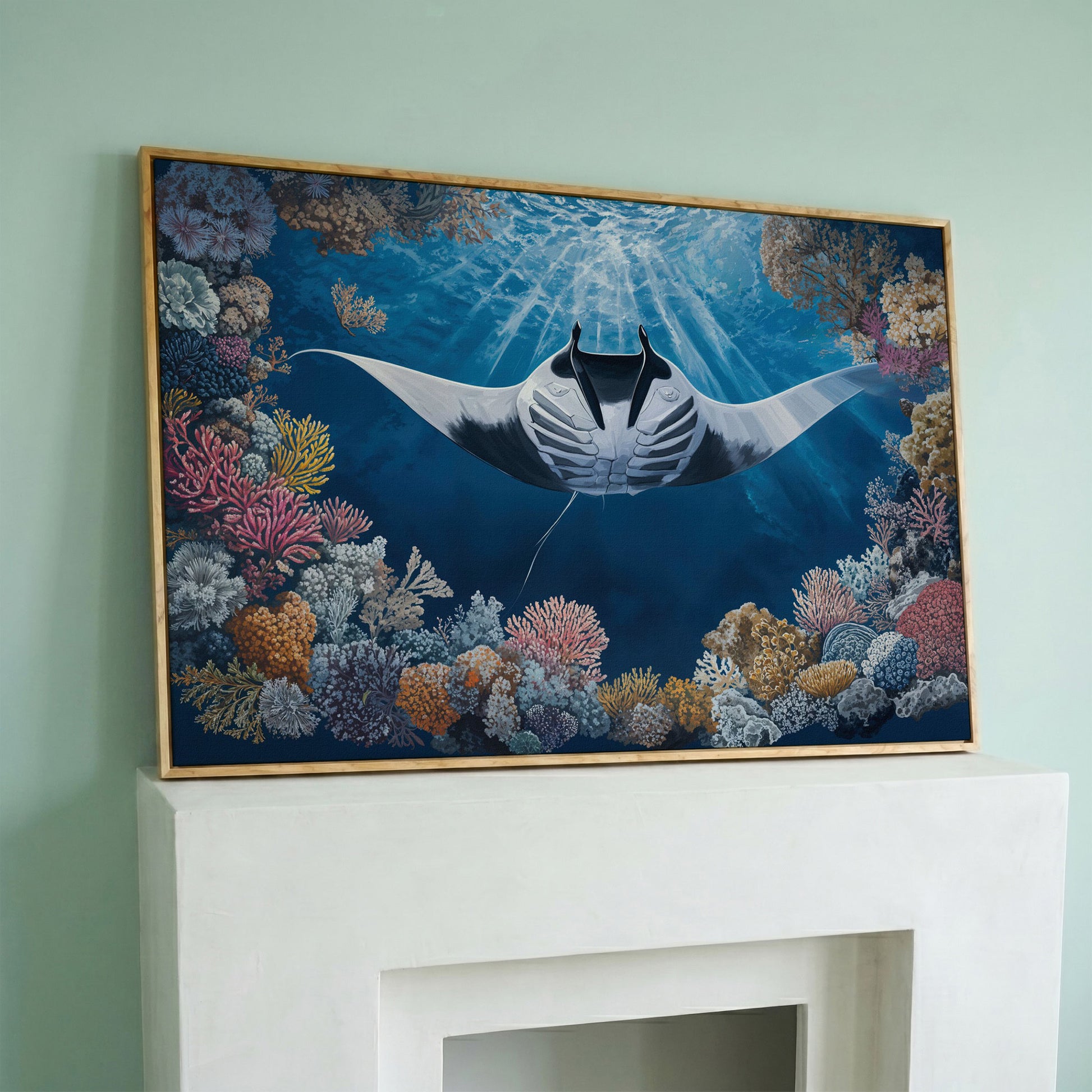 Stingray Over Coral Reef Canvas Wall Art, Sunlit Ocean Scene in white oak floating frame