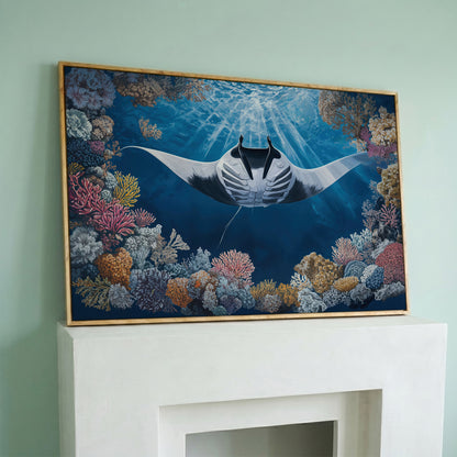 Stingray Over Coral Reef Canvas Wall Art, Sunlit Ocean Scene in white oak floating frame