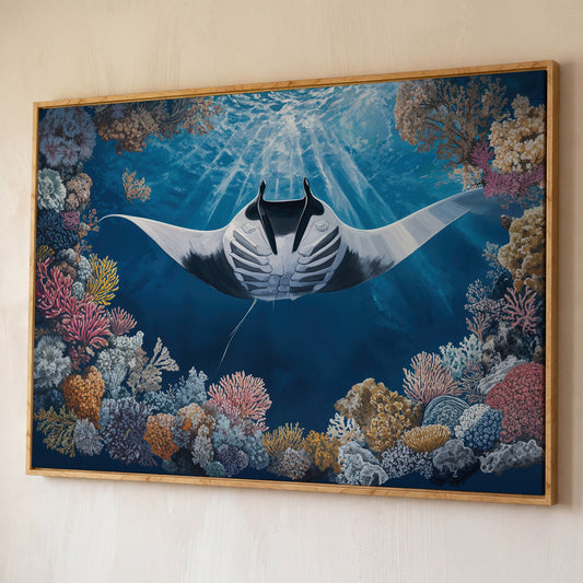 Stingray Over Coral Reef Canvas Wall Art, Sunlit Ocean Scene shown in white oak floating frame