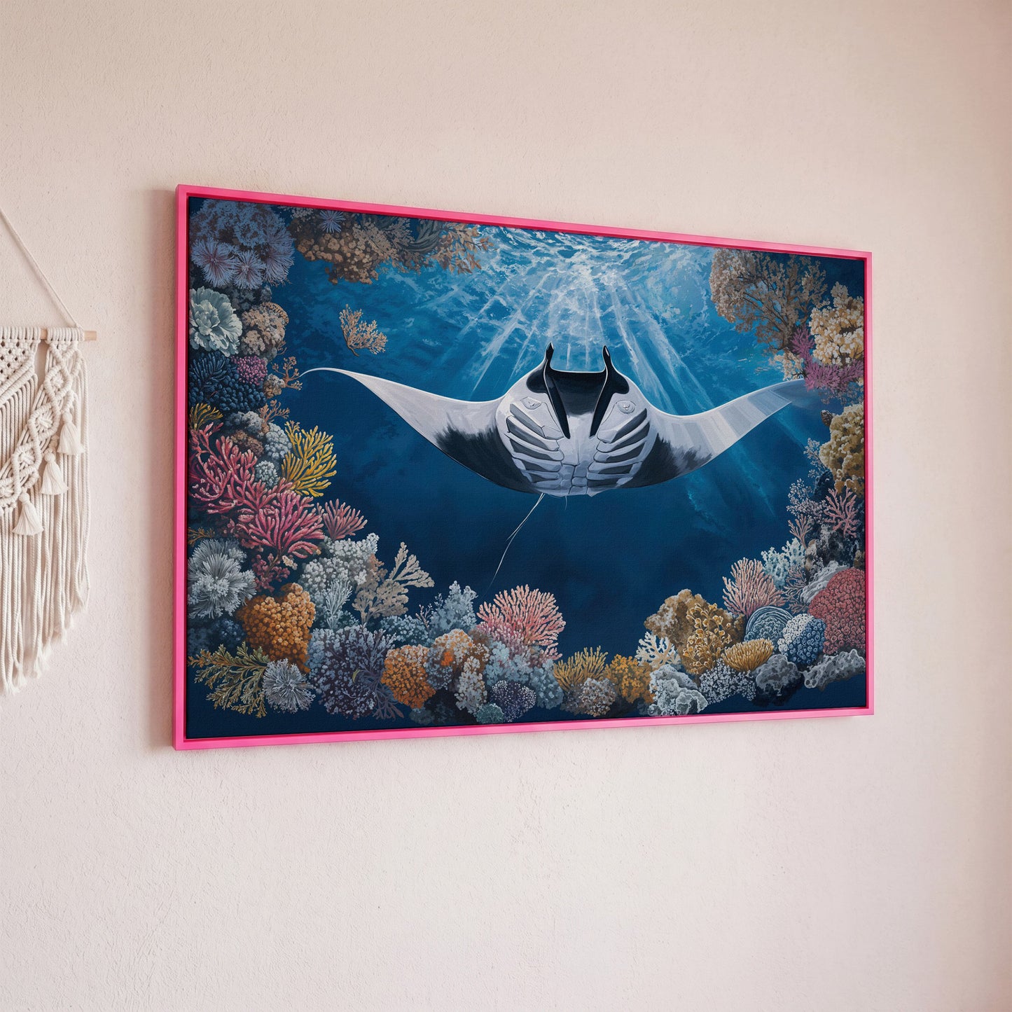 Stingray Over Coral Reef Canvas Wall Art, Sunlit Ocean Scene in pink floating frame