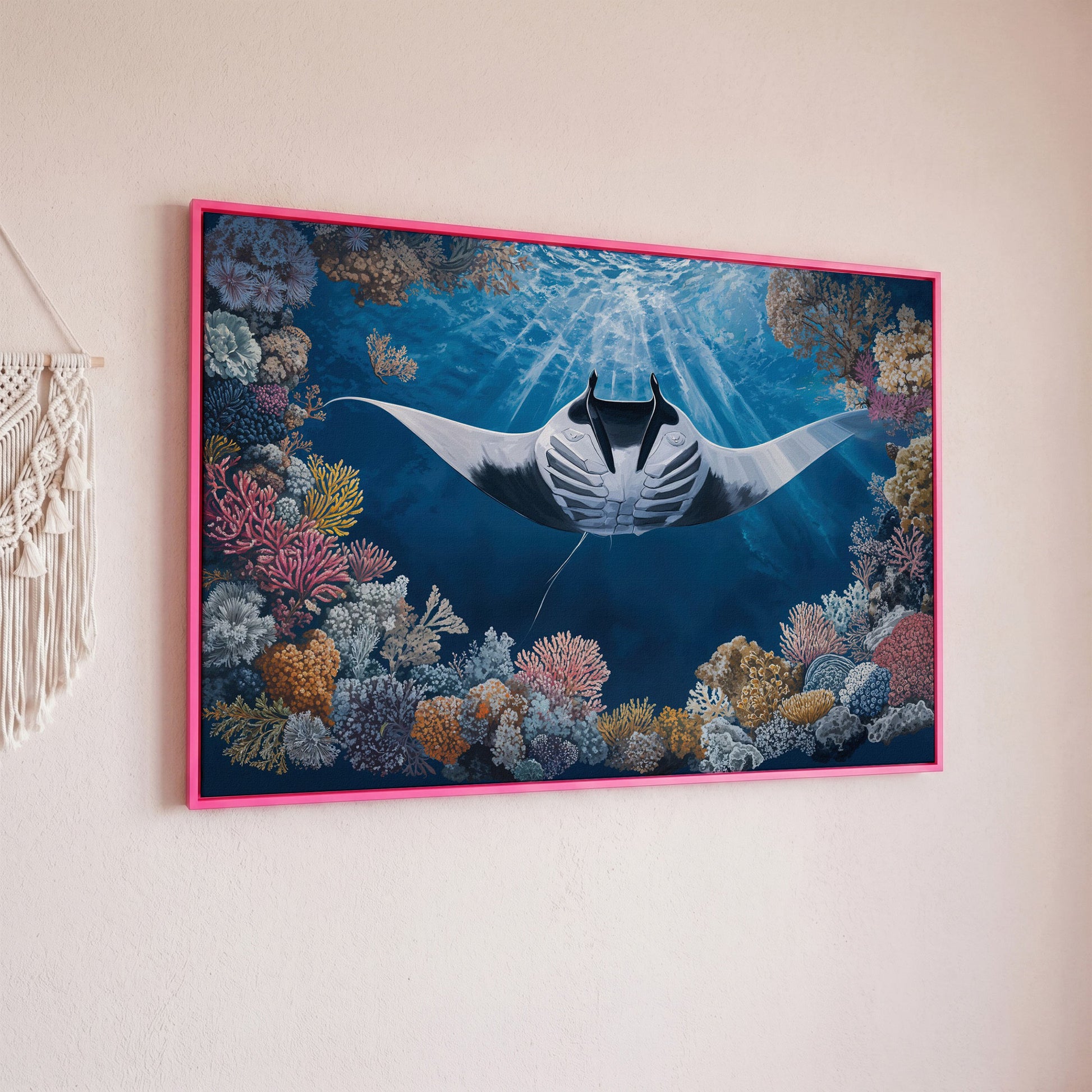 Stingray Over Coral Reef Canvas Wall Art, Sunlit Ocean Scene in pink floating frame