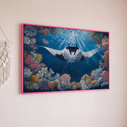 Stingray Over Coral Reef Canvas Wall Art, Sunlit Ocean Scene in pink floating frame