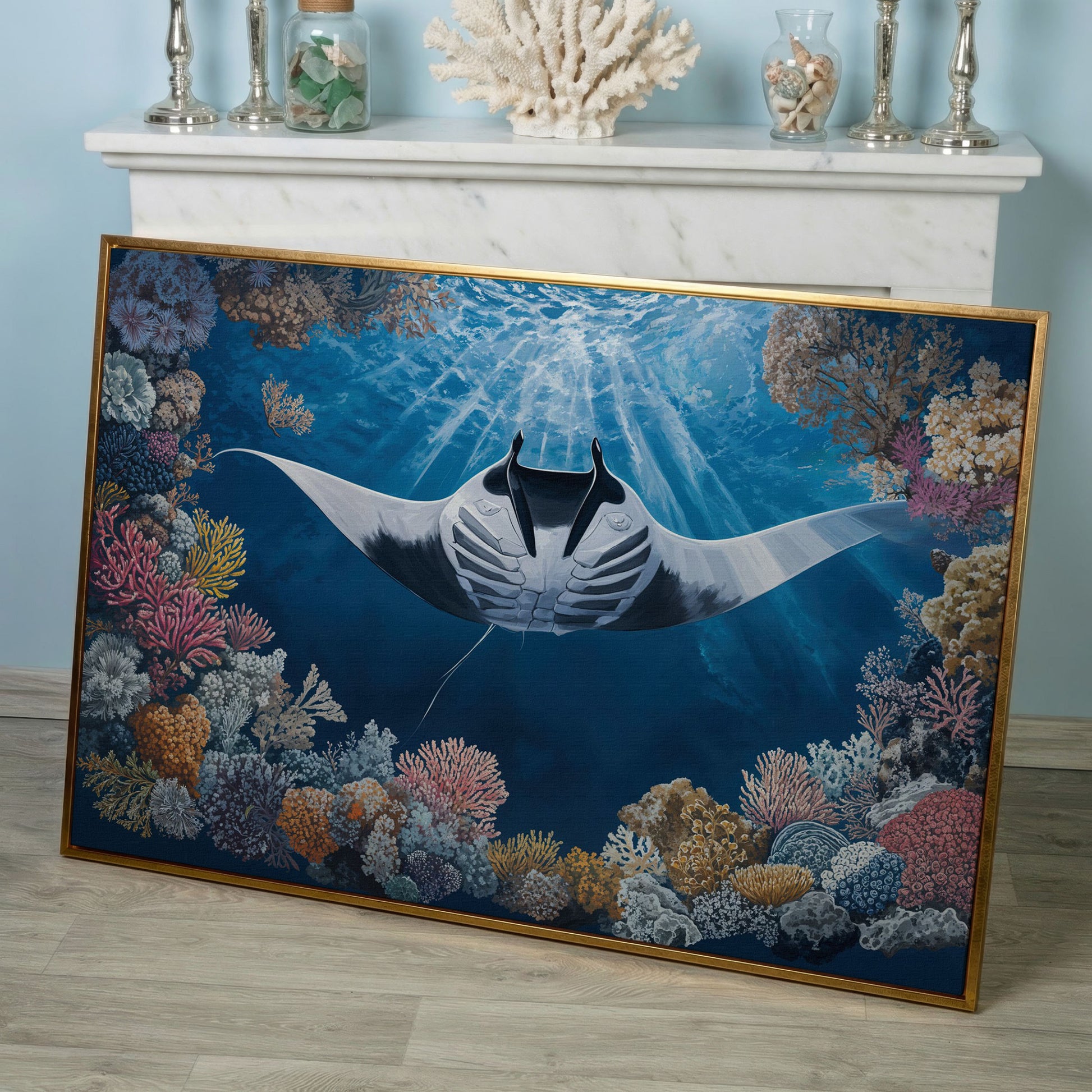 Stingray Over Coral Reef Canvas Wall Art, Sunlit Ocean Scene in rose gold floating frame
