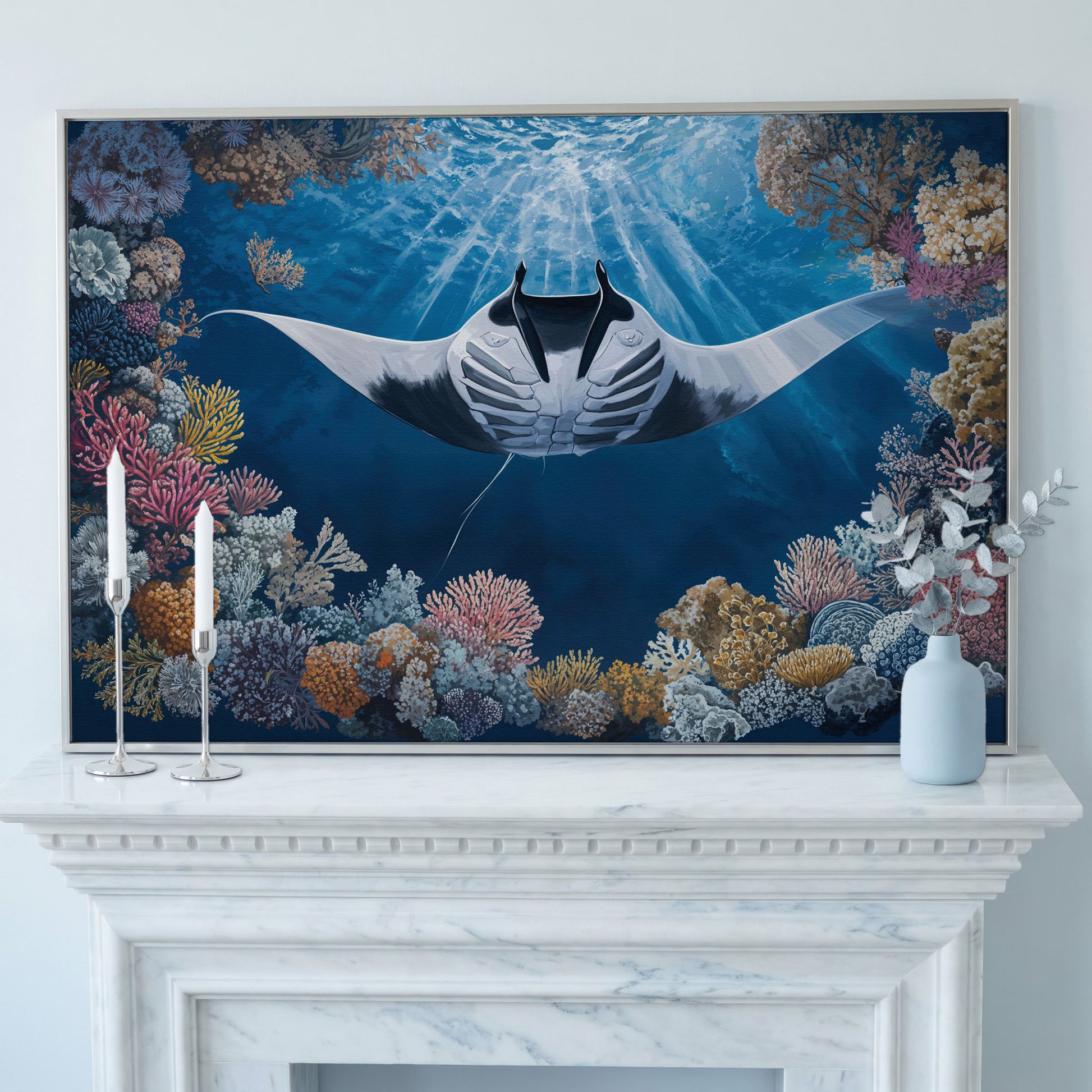 Stingray Over Coral Reef Canvas Wall Art, Sunlit Ocean Scene in silver floating frame