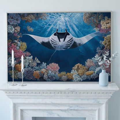 Stingray Over Coral Reef Canvas Wall Art, Sunlit Ocean Scene in silver floating frame