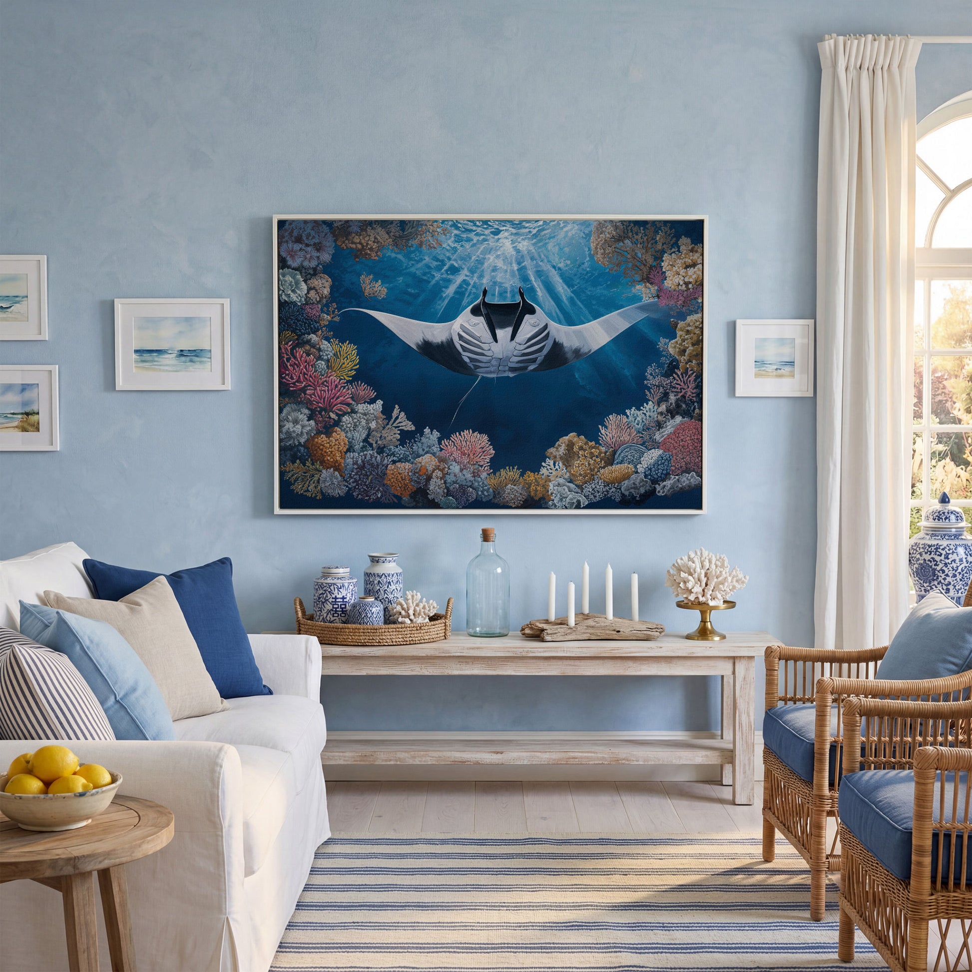 Stingray Over Coral Reef Canvas Wall Art, Sunlit Ocean Scene in white floating frame