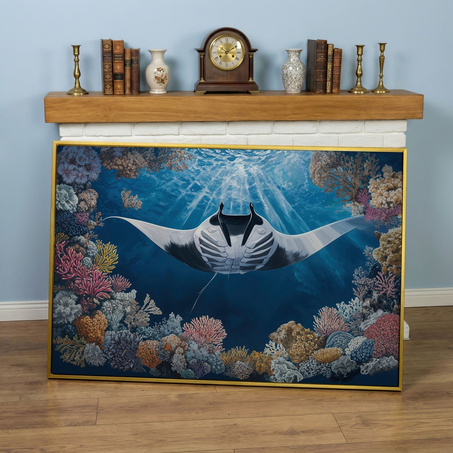 Stingray Over Coral Reef Canvas Wall Art, Sunlit Ocean Scene in yellow gold floating frame