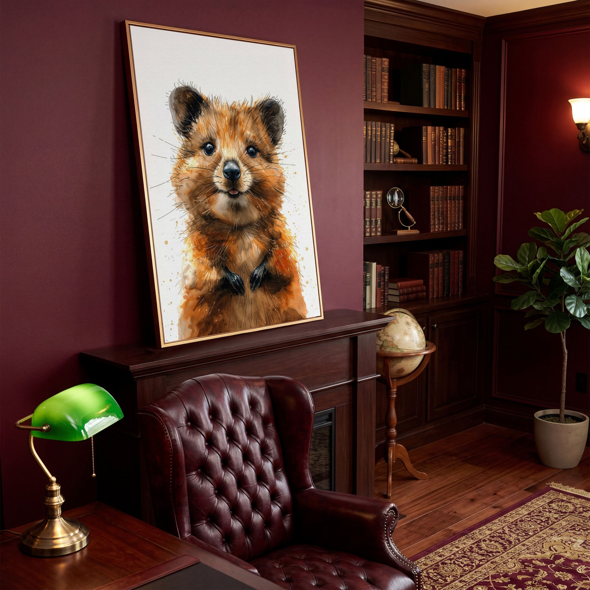 Baby Quokka Watercolor Canvas in antique gold floating frame