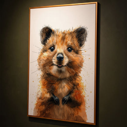 Baby Quokka Watercolor Canvas shown in antique gold floating frame