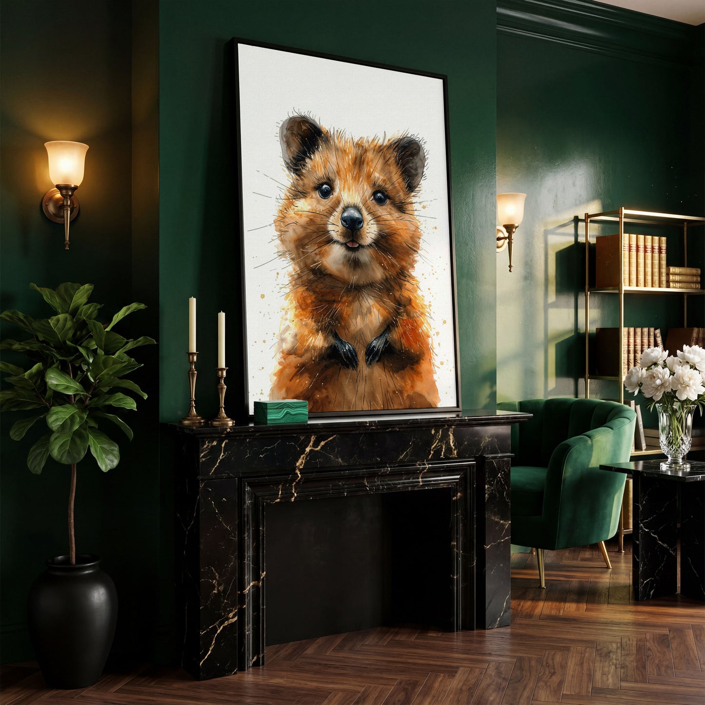 Baby Quokka Watercolor Canvas in black floating frame