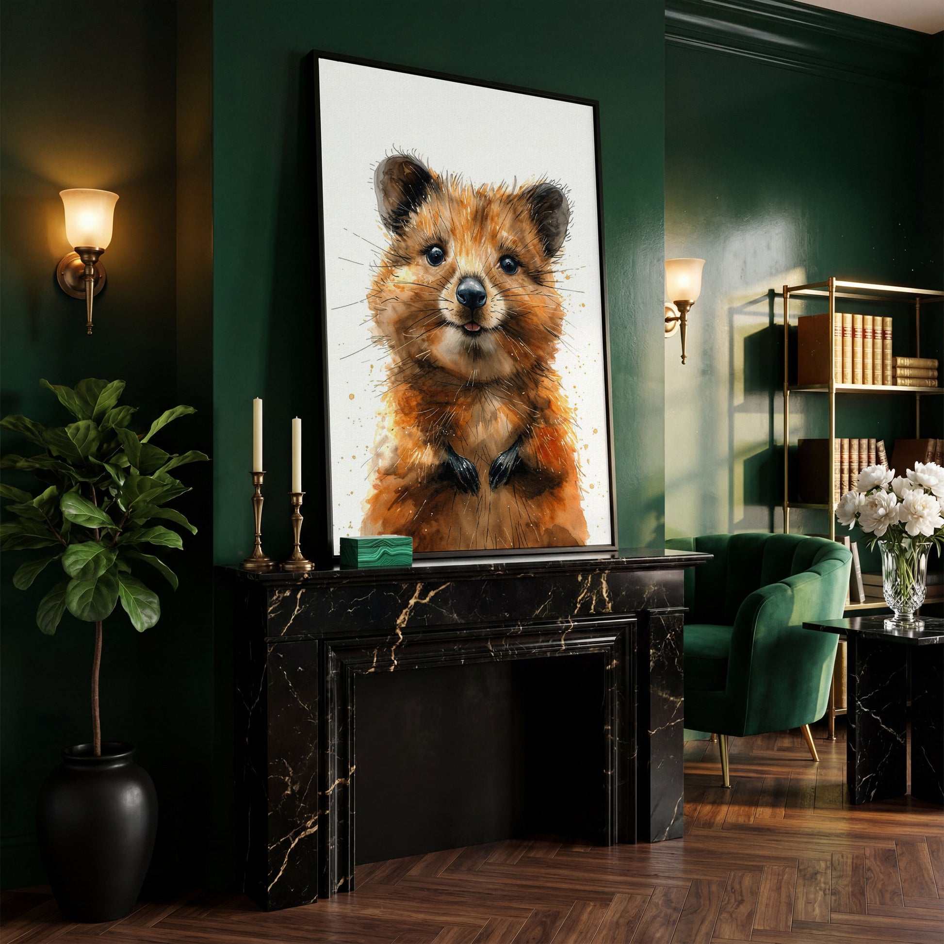 Baby Quokka Watercolor Canvas in black floating frame