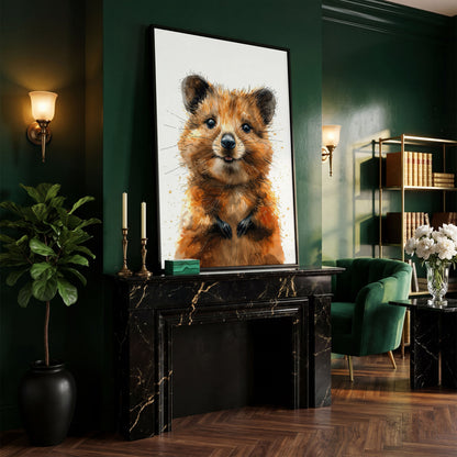 Baby Quokka Watercolor Canvas in black floating frame