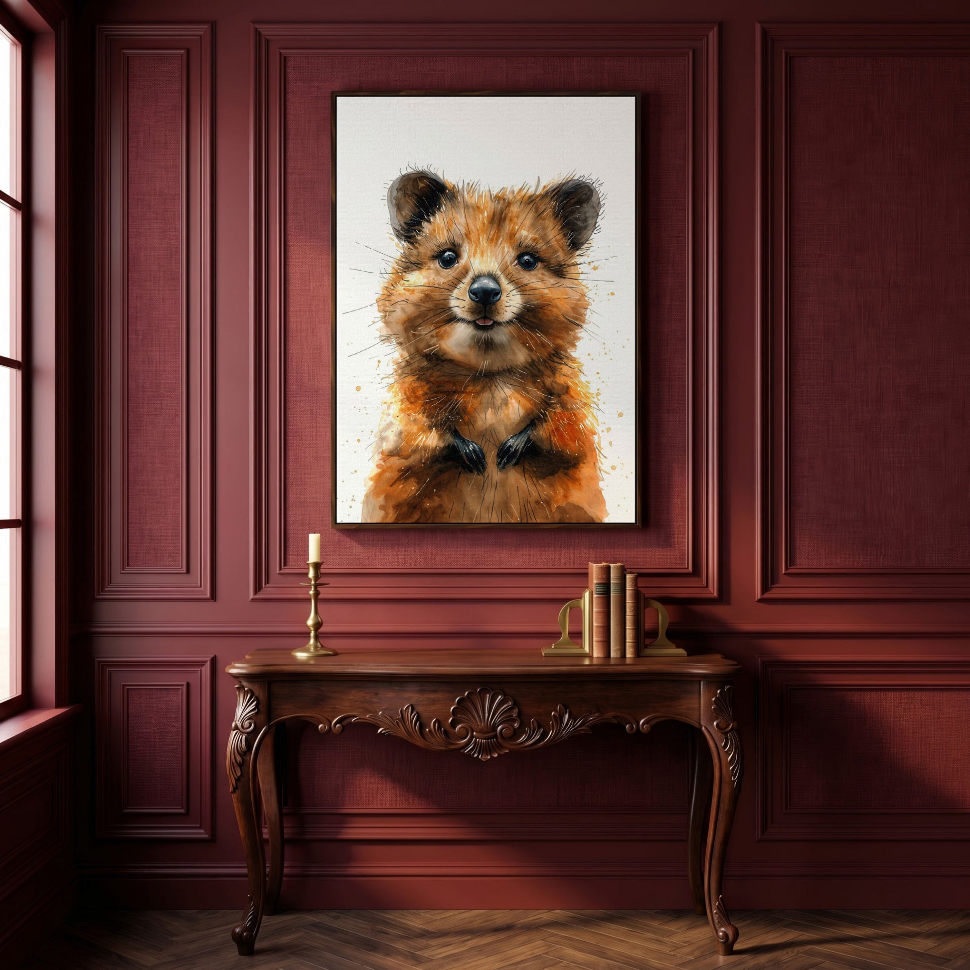 Baby Quokka Watercolor Canvas in dark walnut floating frame