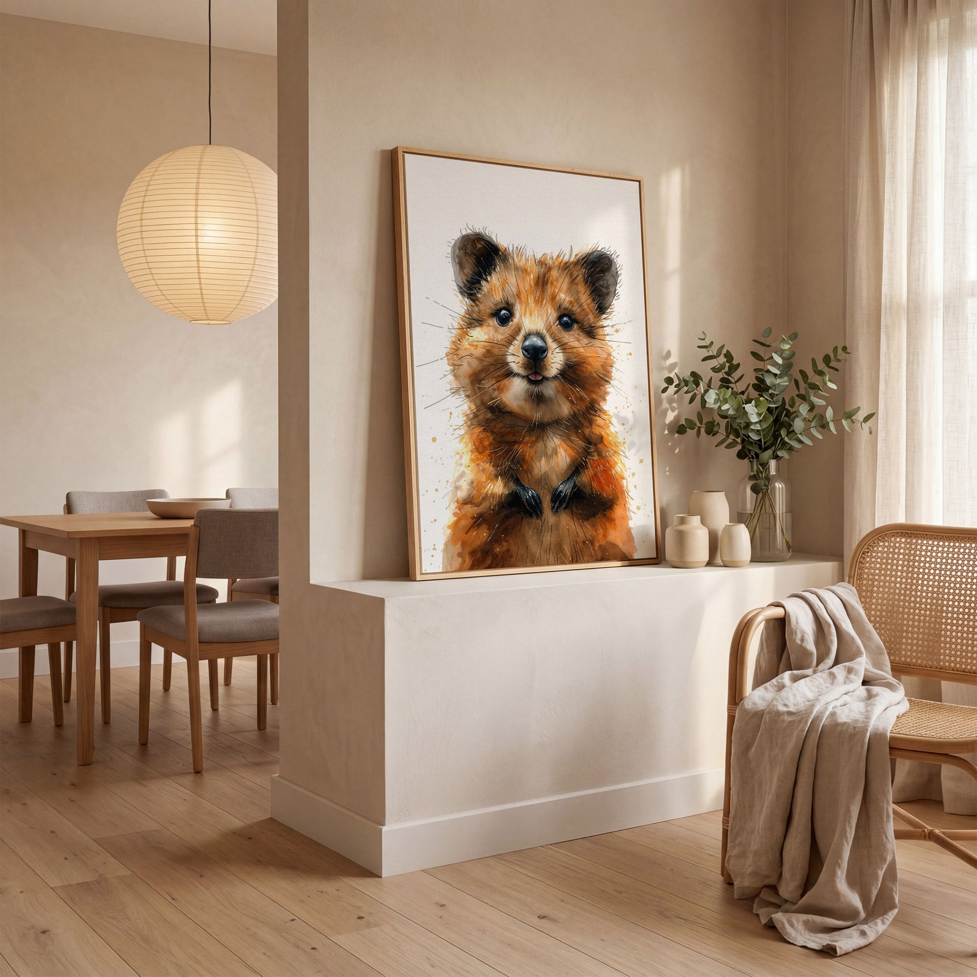 Baby Quokka Watercolor Canvas in white oak floating frame